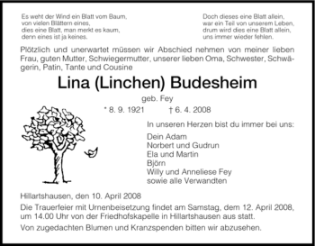 Traueranzeige von Lina (Linchen) Budesheim von HERSFELDER ZEITUNG