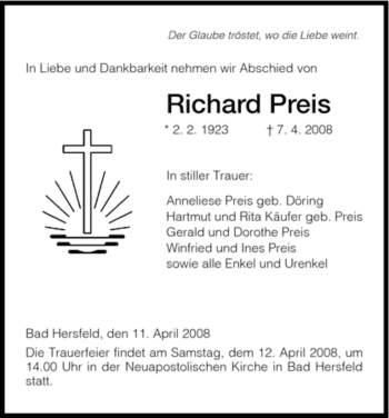 Traueranzeige von Richard Preis von HERSFELDER ZEITUNG