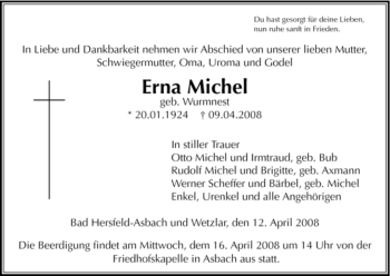 Traueranzeige von Erna Michel von HERSFELDER ZEITUNG