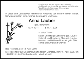 Traueranzeige von Anna Lauber von HERSFELDER ZEITUNG