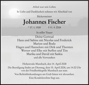 Traueranzeige von Johannes Fischer von HERSFELDER ZEITUNG