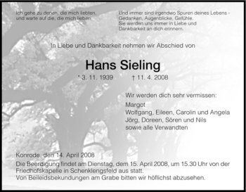 Traueranzeige von Hans Sieling von HERSFELDER ZEITUNG