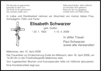 Traueranzeige von Elisabeth Schwarzer von HERSFELDER ZEITUNG