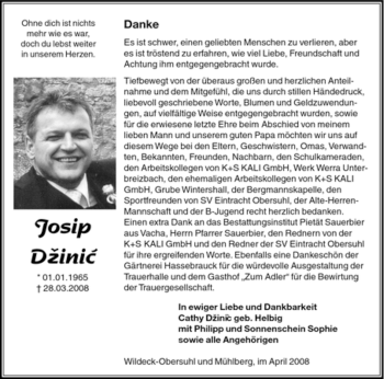 Traueranzeige von Josip Dzinic von HERSFELDER ZEITUNG