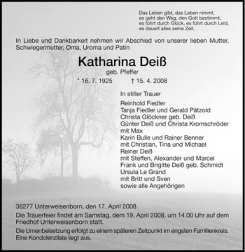 Traueranzeige von Katharina Deiß von HERSFELDER ZEITUNG