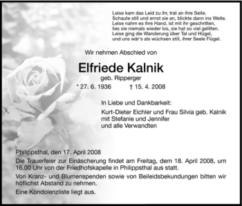 Traueranzeige von Elfriede Kalnik von HERSFELDER ZEITUNG