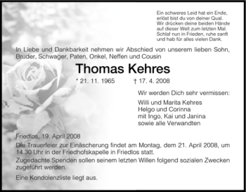 Traueranzeige von Thomas Kehres von HERSFELDER ZEITUNG