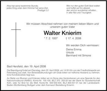 Traueranzeige von Walter Knierim von HERSFELDER ZEITUNG