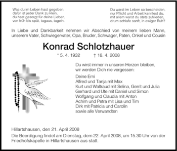 Traueranzeige von Konrad Schlotzhauer von HERSFELDER ZEITUNG