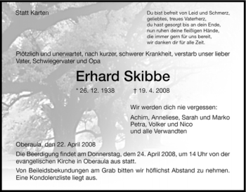 Traueranzeige von Erhard Skibbe von HERSFELDER ZEITUNG
