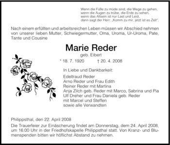 Traueranzeige von Marie Reder von HERSFELDER ZEITUNG