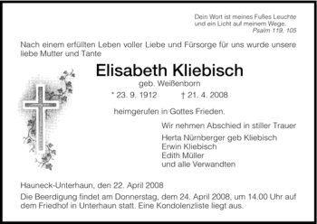 Traueranzeige von Elisabeth Kliebisch von HERSFELDER ZEITUNG