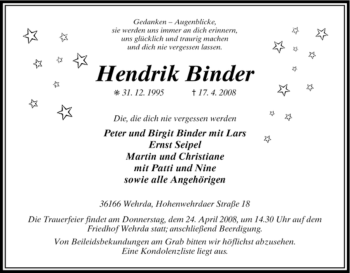 Traueranzeige von Hendrik Binder von HERSFELDER ZEITUNG