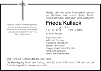 Traueranzeige von Frieda Kullack von HERSFELDER ZEITUNG