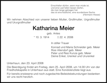 Traueranzeige von Katharina Meier von HERSFELDER ZEITUNG