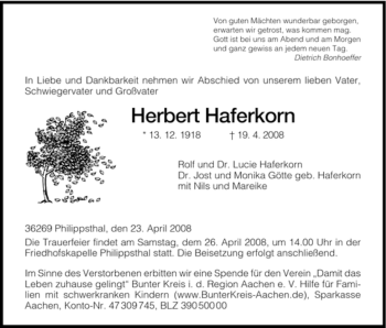 Traueranzeige von Herbert Haferkorn von HERSFELDER ZEITUNG