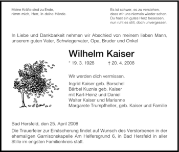 Traueranzeige von Wilhelm Kaiser von HERSFELDER ZEITUNG