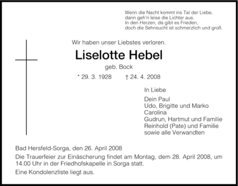  Traueranzeige für Liselotte Hebel vom 26.04.2008 aus HERSFELDER ZEITUNG