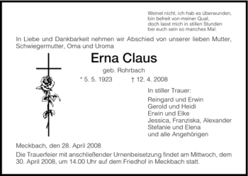 Traueranzeige von Erna Claus von HERSFELDER ZEITUNG