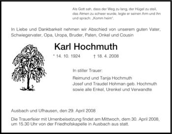 Traueranzeige von Karl Hochmuth von HERSFELDER ZEITUNG