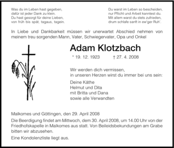 Traueranzeige von Adam Klotzbach von HERSFELDER ZEITUNG