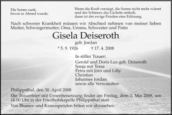 Traueranzeige von Gisela Deiseroth von HERSFELDER ZEITUNG