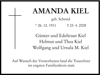 Traueranzeige von AMANDA KIEL von HERSFELDER ZEITUNG