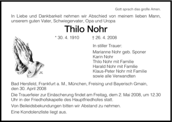 Traueranzeige von Thilo Nohr von HERSFELDER ZEITUNG