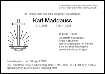 Traueranzeige von Karl Maddauss von HERSFELDER ZEITUNG