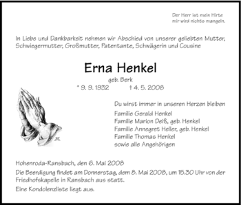 Traueranzeige von Erna Henkel von HERSFELDER ZEITUNG