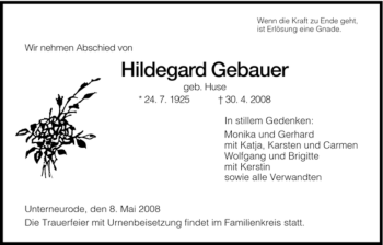 Traueranzeige von Hildegard Gebauer von HERSFELDER ZEITUNG