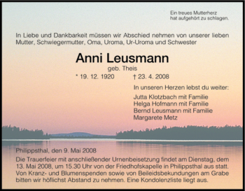 Traueranzeige von Anni Leusmann von HERSFELDER ZEITUNG