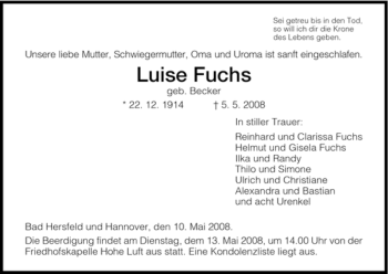Traueranzeige von Luise Fuchs von HERSFELDER ZEITUNG