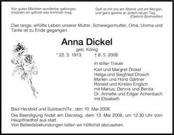 Traueranzeige von Anna Dickel von HERSFELDER ZEITUNG