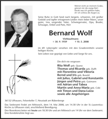 Traueranzeige von Bernard Wolf von HERSFELDER ZEITUNG