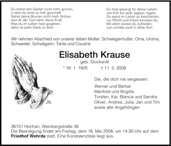 Traueranzeige von Elisabeth Krause von HERSFELDER ZEITUNG