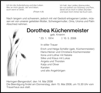 Traueranzeige von Dorothea Küchenmeister von HERSFELDER ZEITUNG