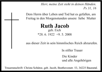 Traueranzeige von Ruth Jacob von HERSFELDER ZEITUNG