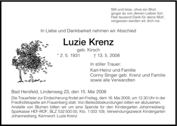 Traueranzeige von Luzie Krenz von HERSFELDER ZEITUNG