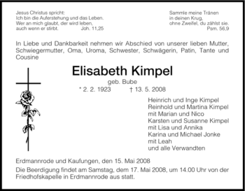 Traueranzeige von Elisabeth Kimpel von HERSFELDER ZEITUNG