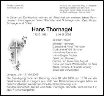 Traueranzeige von Hans Thornagel von HERSFELDER ZEITUNG