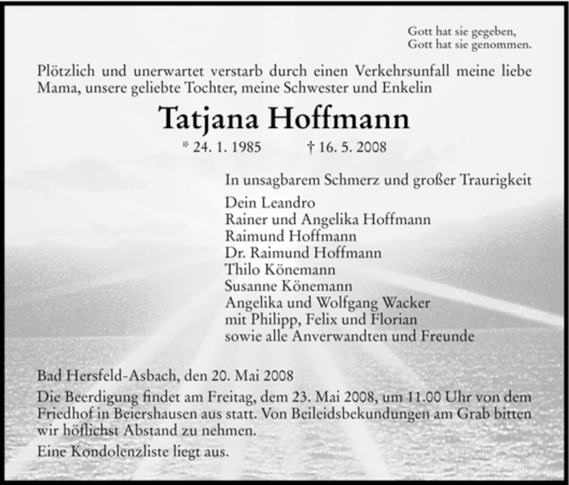  Traueranzeige für Tatjana Hoffmann vom 20.05.2008 aus HERSFELDER ZEITUNG