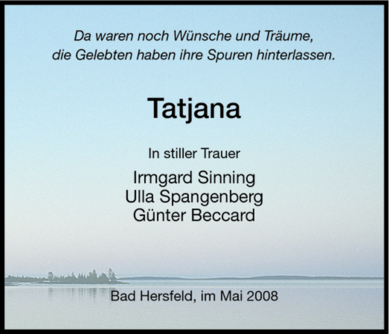  Traueranzeige für Tatjana Hoffmann vom 21.05.2008 aus HERSFELDER ZEITUNG