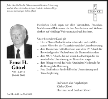 Traueranzeige von Ernst H. Göttel von HERSFELDER ZEITUNG