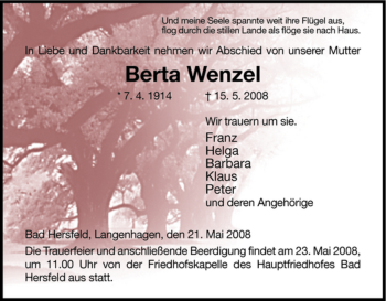 Traueranzeige von Berta Wenzel von HERSFELDER ZEITUNG