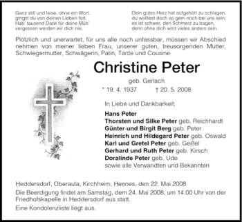 Traueranzeige von Christine Peter von HERSFELDER ZEITUNG