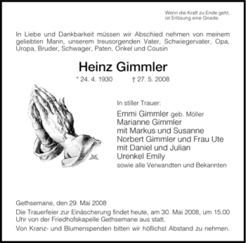 Traueranzeige von Heinz Gimmler von HERSFELDER ZEITUNG