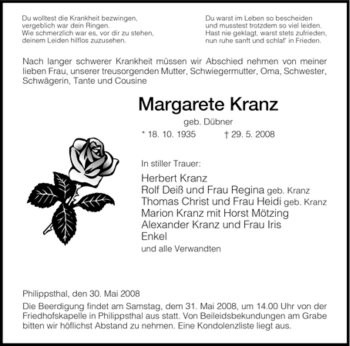 Traueranzeige von Margarete Kranz von HERSFELDER ZEITUNG
