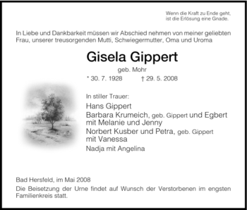 Traueranzeige von Gisela Gippert von HERSFELDER ZEITUNG