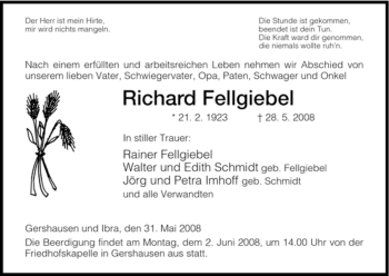 Traueranzeige von Richard Fellgiebel von HERSFELDER ZEITUNG